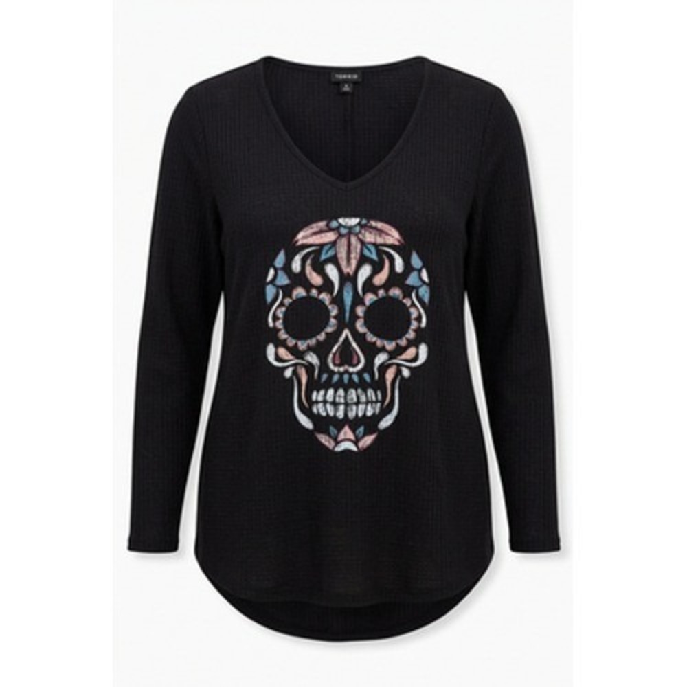 Torrid Skull Thermal Tunic Top Women 3 Black Waffle Knit V Neck Plus Halloween